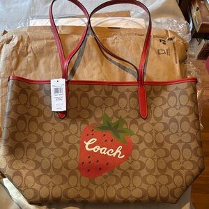 Coach Strawberry Print Brown and Red Tote